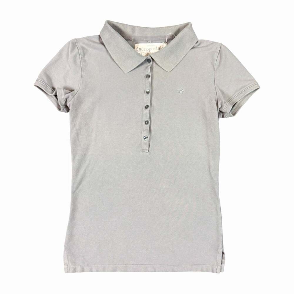 Aeropostale Women’s Gray Pique Polo Shirt Short Sleeve Stretch Butterfly Size M